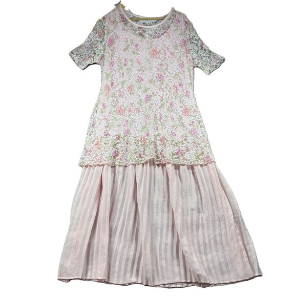 Vintage 1980s Dress Two Piece Lace Pleated Secretary Pink Made in USA 18W B105 - Picture 1 of 11